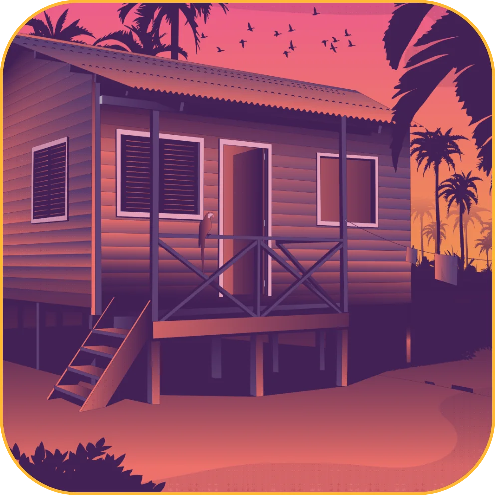 A house on stilts with palm trees