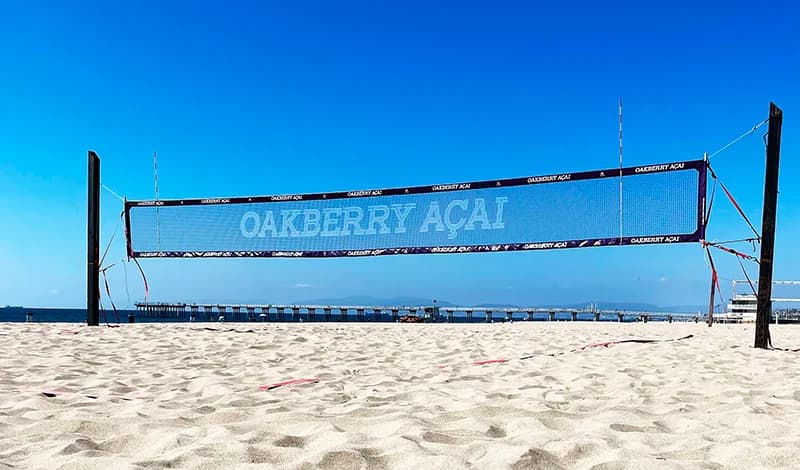 A volleyball net on a beach